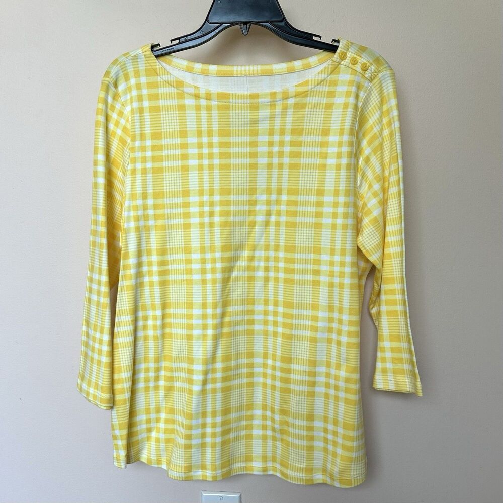 Charter Club Top Women's XL Yellow Plaid Boatneck 3/4 Sleeves Pullover Preppy
